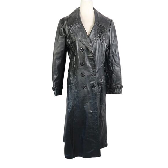 Vintage 90s Black Leather Mid Length Double-Breasted Trench Coat M - Picture 1 of 7